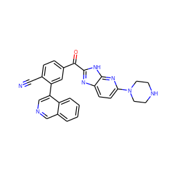 N#Cc1ccc(C(=O)c2nc3ccc(N4CCNCC4)nc3[nH]2)cc1-c1cncc2ccccc12 ZINC000113226844