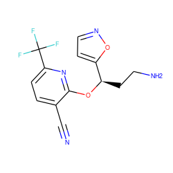 N#Cc1ccc(C(F)(F)F)nc1O[C@H](CCN)c1ccno1 ZINC000034052420