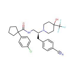 N#Cc1ccc(C[C@@H](CNC(=O)C2(c3ccc(Cl)cc3)CCCC2)N2CCC(O)(C(F)(F)F)CC2)cc1 ZINC001772596053