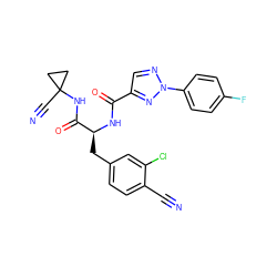 N#Cc1ccc(C[C@H](NC(=O)c2cnn(-c3ccc(F)cc3)n2)C(=O)NC2(C#N)CC2)cc1Cl ZINC001772598992