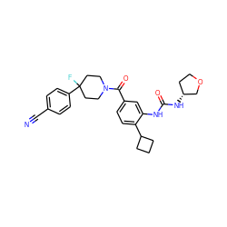 N#Cc1ccc(C2(F)CCN(C(=O)c3ccc(C4CCC4)c(NC(=O)N[C@@H]4CCOC4)c3)CC2)cc1 ZINC000150195988