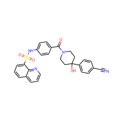 N#Cc1ccc(C2(O)CCN(C(=O)c3ccc(NS(=O)(=O)c4cccc5cccnc45)cc3)CC2)cc1 ZINC000220643367