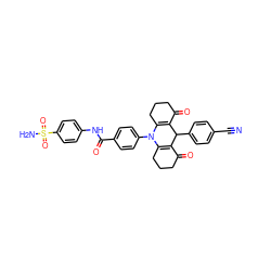 N#Cc1ccc(C2C3=C(CCCC3=O)N(c3ccc(C(=O)Nc4ccc(S(N)(=O)=O)cc4)cc3)C3=C2C(=O)CCC3)cc1 ZINC000096910930