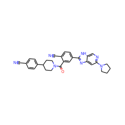 N#Cc1ccc(C2CCN(C(=O)c3cc(-c4nc5cc(N6CCCC6)ncc5[nH]4)ccc3C#N)CC2)cc1 ZINC000150238904