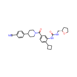 N#Cc1ccc(C2CCN(C(=O)c3ccc(C4CCC4)c(NC(=O)NC[C@@H]4CCCO4)c3)CC2)cc1 ZINC000149255484