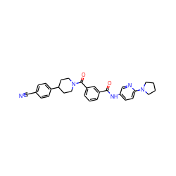 N#Cc1ccc(C2CCN(C(=O)c3cccc(C(=O)Nc4ccc(N5CCCC5)nc4)c3)CC2)cc1 ZINC000143593352