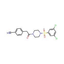 N#Cc1ccc(CC(=O)N2CCN(S(=O)(=O)c3cc(Cl)cc(Cl)c3)CC2)cc1 ZINC000040915779