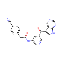 N#Cc1ccc(CC(=O)Nc2cncc(C(=O)c3c[nH]c4ncncc34)c2)cc1 ZINC000205606012