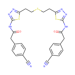 N#Cc1ccc(CC(=O)Nc2nnc(CCSCCc3nnc(NC(=O)Cc4ccc(C#N)cc4)s3)s2)cc1 ZINC000169698021