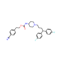 N#Cc1ccc(CCOC(=O)NC2CCN(CCCC(c3ccc(F)cc3)c3ccc(F)cc3)CC2)cc1 ZINC000013864334