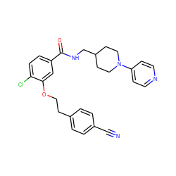 N#Cc1ccc(CCOc2cc(C(=O)NCC3CCN(c4ccncc4)CC3)ccc2Cl)cc1 ZINC000013643349