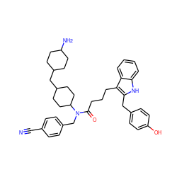 N#Cc1ccc(CN(C(=O)CCCc2c(Cc3ccc(O)cc3)[nH]c3ccccc23)C2CCC(CC3CCC(N)CC3)CC2)cc1 ZINC000028826072