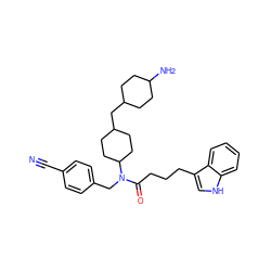 N#Cc1ccc(CN(C(=O)CCCc2c[nH]c3ccccc23)C2CCC(CC3CCC(N)CC3)CC2)cc1 ZINC000028826071