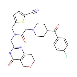 N#Cc1ccc(CN(Cc2nc3c(c(=O)[nH]2)COCC3)C(=O)CN2CCC(C(=O)c3ccc(F)cc3)CC2)s1 ZINC000208816041