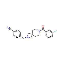 N#Cc1ccc(CN2CC3(CCN(C(=O)c4cccc(F)c4)CC3)C2)cc1 ZINC000004237961