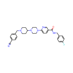 N#Cc1ccc(CN2CCC(N3CCN(c4ccc(C(=O)NCc5ccc(F)cc5)cn4)CC3)CC2)cc1 ZINC000045258344