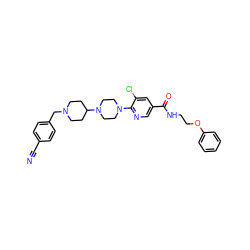 N#Cc1ccc(CN2CCC(N3CCN(c4ncc(C(=O)NCCOc5ccccc5)cc4Cl)CC3)CC2)cc1 ZINC000049678958