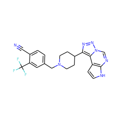 N#Cc1ccc(CN2CCC(c3nnn4cnc5[nH]ccc5c34)CC2)cc1C(F)(F)F ZINC001772614855