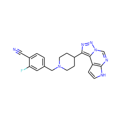 N#Cc1ccc(CN2CCC(c3nnn4cnc5[nH]ccc5c34)CC2)cc1F ZINC001772602190