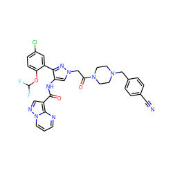 N#Cc1ccc(CN2CCN(C(=O)Cn3cc(NC(=O)c4cnn5cccnc45)c(-c4cc(Cl)ccc4OC(F)F)n3)CC2)cc1 ZINC001772636397