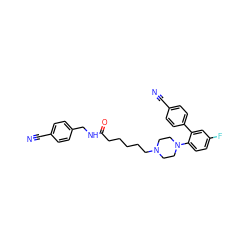 N#Cc1ccc(CNC(=O)CCCCCN2CCN(c3ccc(F)cc3-c3ccc(C#N)cc3)CC2)cc1 ZINC001772628790