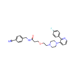 N#Cc1ccc(CNC(=O)CCOCCN2CCN(c3cccnc3-c3ccc(F)cc3)CC2)cc1 ZINC001772640375