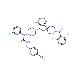 N#Cc1ccc(CNC(=O)N(c2cccc(F)c2)C2CCN(CCC3(c4cccc(F)c4)CCN(C(=O)c4c(Cl)cccc4Cl)CC3)CC2)cc1 ZINC000072149429