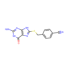 N#Cc1ccc(CSc2nc3c(=O)[nH]c(N)nc3[nH]2)cc1 ZINC000004639554