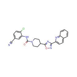 N#Cc1ccc(Cl)c(NC(=O)N2CCC(c3nc(-c4ccc5ccccc5n4)no3)CC2)c1 ZINC000072179307