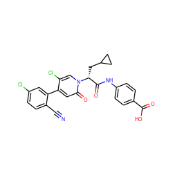 N#Cc1ccc(Cl)cc1-c1cc(=O)n([C@H](CC2CC2)C(=O)Nc2ccc(C(=O)O)cc2)cc1Cl ZINC001772613830