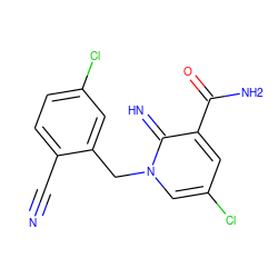 N#Cc1ccc(Cl)cc1Cn1cc(Cl)cc(C(N)=O)c1=N ZINC000147563375