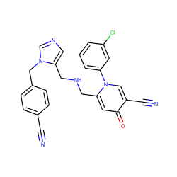 N#Cc1ccc(Cn2cncc2CNCc2cc(=O)c(C#N)cn2-c2cccc(Cl)c2)cc1 ZINC000028388844