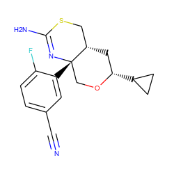 N#Cc1ccc(F)c([C@]23CO[C@@H](C4CC4)C[C@H]2CSC(N)=N3)c1 ZINC000148296913