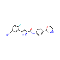 N#Cc1ccc(F)c(-c2cc(C(=O)Nc3ccc([C@H]4CNCCO4)cc3)n[nH]2)c1 ZINC000150138884