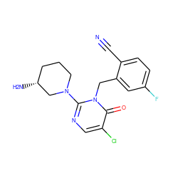 N#Cc1ccc(F)cc1Cn1c(N2CCC[C@@H](N)C2)ncc(Cl)c1=O ZINC000066112264