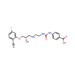 N#Cc1ccc(F)cc1OC[C@@H](O)CNCCNC(=O)Nc1ccc(C(=O)O)cc1 ZINC000084615204