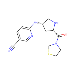 N#Cc1ccc(N[C@@H]2CN[C@H](C(=O)N3CCSC3)C2)nc1 ZINC000087664193