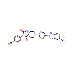 N#Cc1ccc(N2C(=O)NC3(CCN(c4ccc(-c5nc6cc(C(F)(F)F)ccc6[nH]5)cn4)CC3)C2=O)cc1 ZINC000169237302