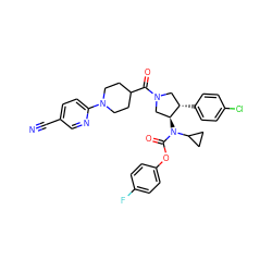 N#Cc1ccc(N2CCC(C(=O)N3C[C@H](c4ccc(Cl)cc4)[C@@H](N(C(=O)Oc4ccc(F)cc4)C4CC4)C3)CC2)nc1 ZINC000117717286