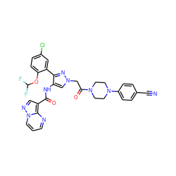 N#Cc1ccc(N2CCN(C(=O)Cn3cc(NC(=O)c4cnn5cccnc45)c(-c4cc(Cl)ccc4OC(F)F)n3)CC2)cc1 ZINC001772569952