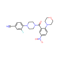 N#Cc1ccc(N2CCN(C(=O)c3cc([N+](=O)[O-])ccc3N3CCOCC3)CC2)c(F)c1 ZINC000040424512