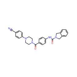 N#Cc1ccc(N2CCN(C(=O)c3ccc(NC(=O)N4Cc5ccccc5C4)cc3)CC2)cc1 ZINC000166999169