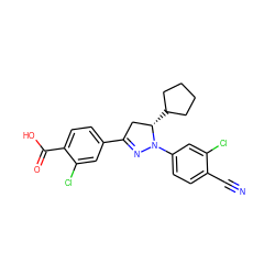 N#Cc1ccc(N2N=C(c3ccc(C(=O)O)c(Cl)c3)C[C@@H]2C2CCCC2)cc1Cl ZINC000058583488