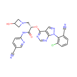 N#Cc1ccc(NC(=O)[C@H](CN2CC(O)C2)Oc2ncnc3c2cnn3-c2c(Cl)cccc2C#N)nc1 ZINC000114687948