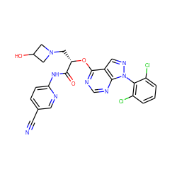 N#Cc1ccc(NC(=O)[C@H](CN2CC(O)C2)Oc2ncnc3c2cnn3-c2c(Cl)cccc2Cl)nc1 ZINC000114686312