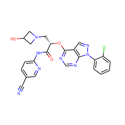 N#Cc1ccc(NC(=O)[C@H](CN2CC(O)C2)Oc2ncnc3c2cnn3-c2ccccc2Cl)nc1 ZINC000114687268