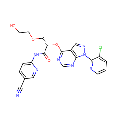 N#Cc1ccc(NC(=O)[C@H](COCCO)Oc2ncnc3c2cnn3-c2ncccc2Cl)nc1 ZINC000114685349