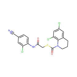 N#Cc1ccc(NC(=O)CSC(=O)N2CCCc3cc(Cl)cc(Cl)c32)c(Cl)c1 ZINC000048999341