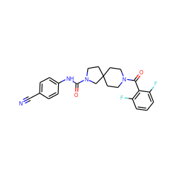 N#Cc1ccc(NC(=O)N2CCC3(CCN(C(=O)c4c(F)cccc4F)CC3)C2)cc1 ZINC000096285169