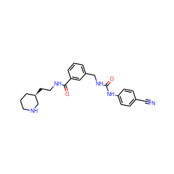 N#Cc1ccc(NC(=O)NCc2cccc(C(=O)NCC[C@@H]3CCCNC3)c2)cc1 ZINC000045338402